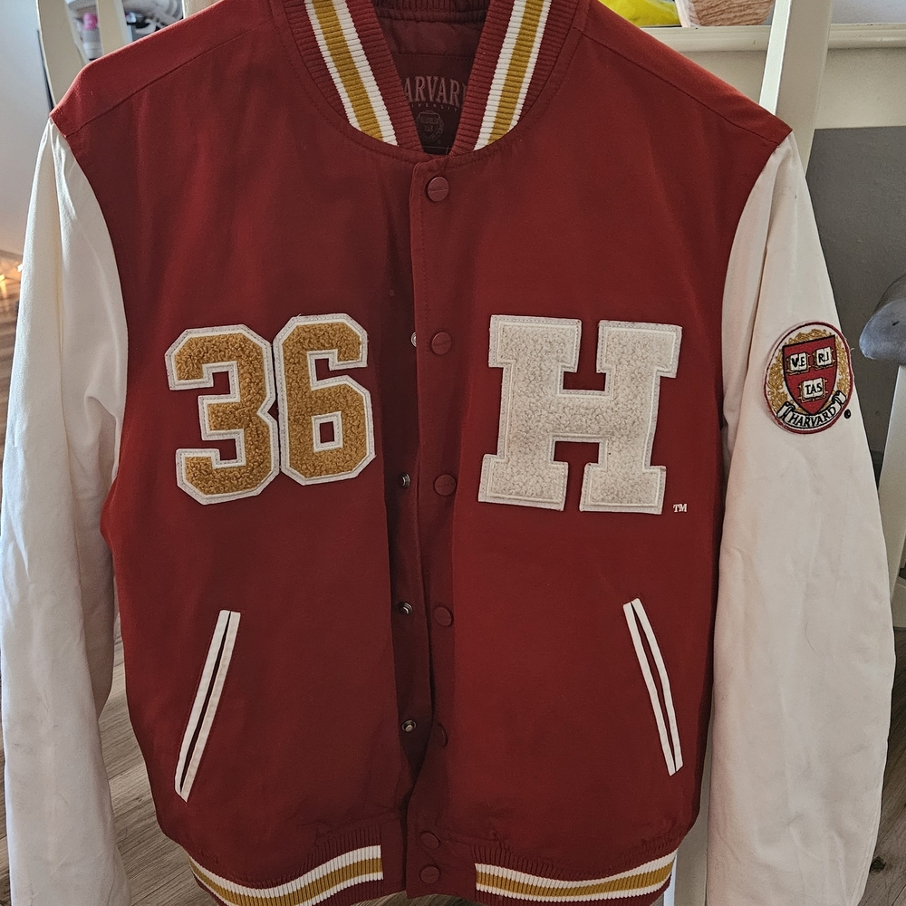 Pull&Bear Red and White Varsity Jacket with Gold Accents